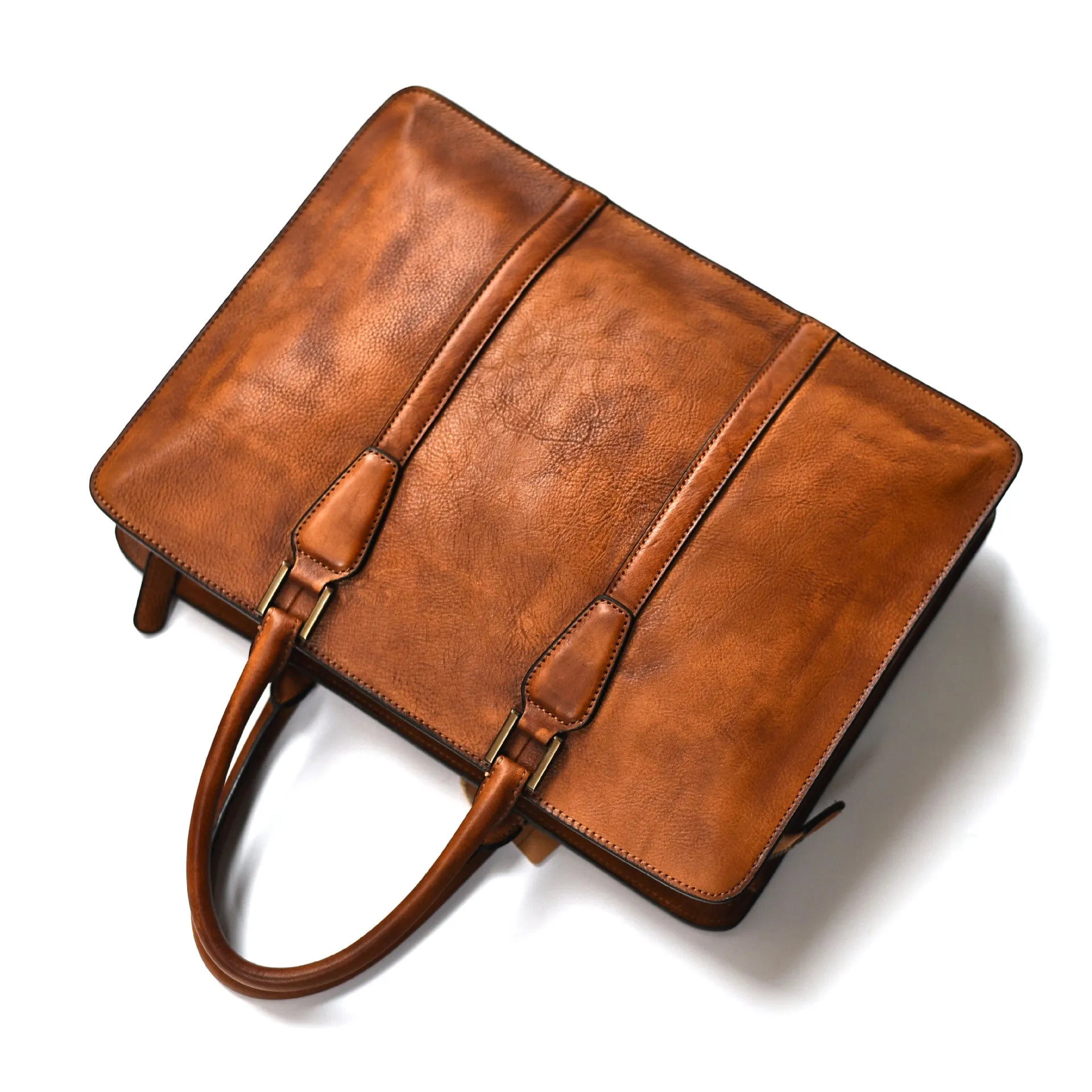 14 inch khaki vegetable tanned leather men's horizontal square handbag with zipper