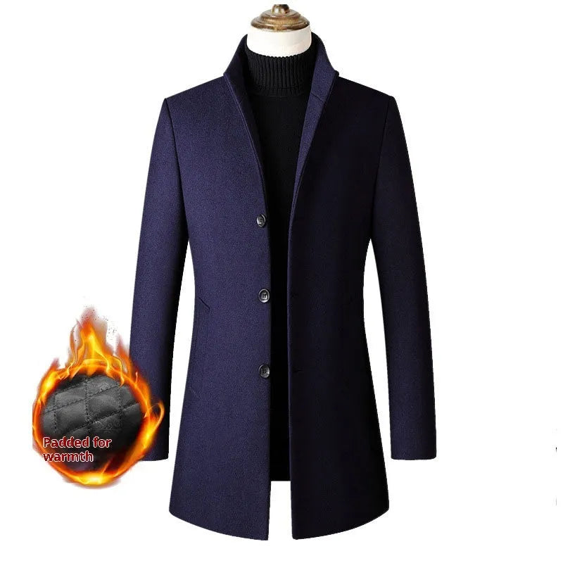 Men's single-breasted stand collar wool winter coat in solid colour front view