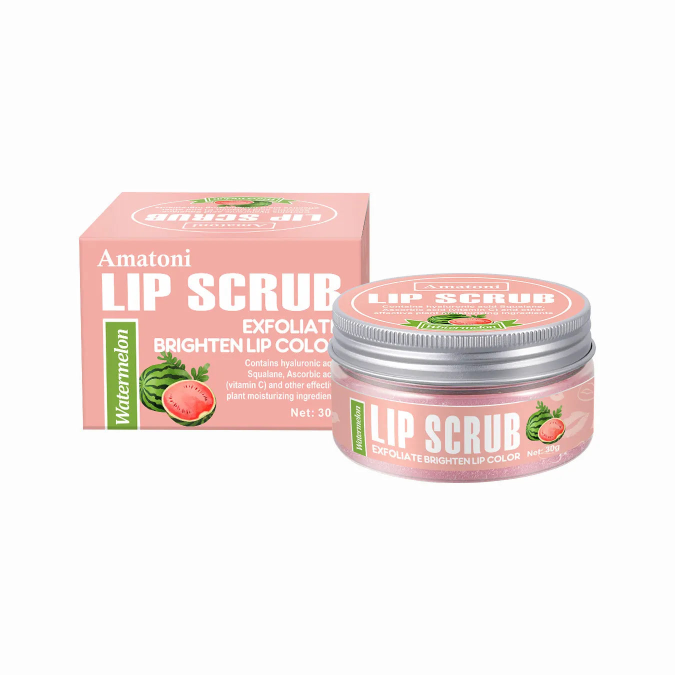 Amatoni 30g fruit flavour lip scrub cream jar in coconut raspberry vanilla watermelon options