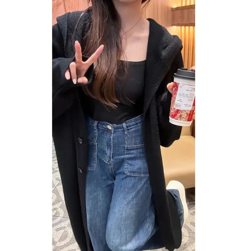 Korean style women's hooded long cardigan in below-the-knee length, loose fit