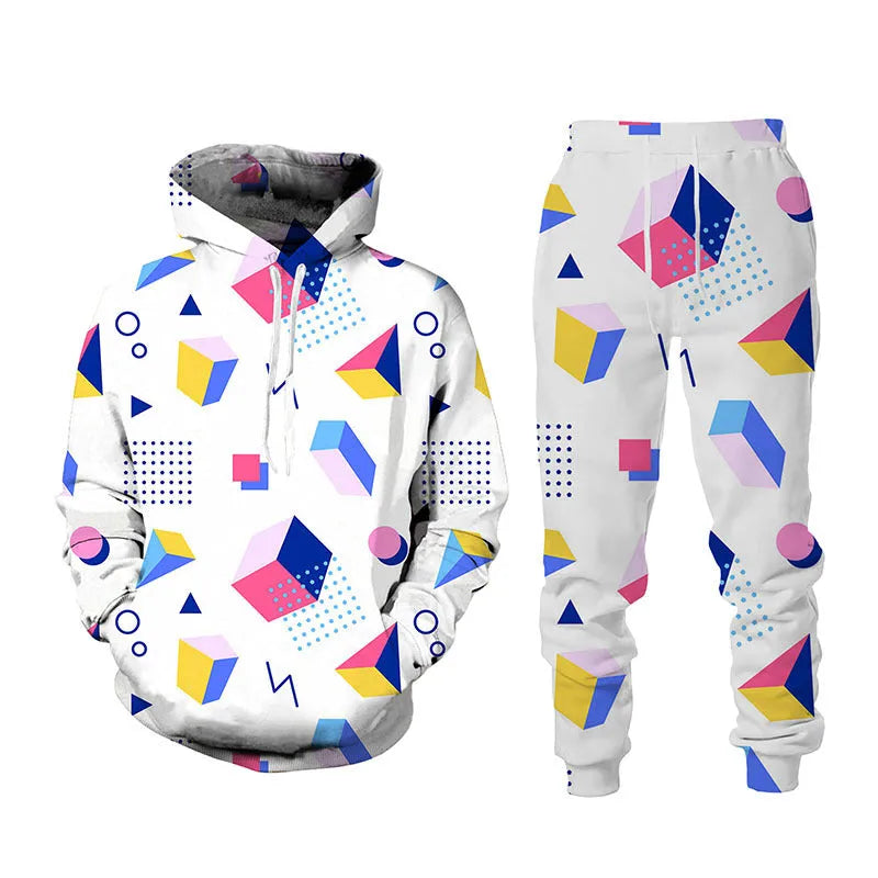 3D printed sports hoodie set for men with loose fit top and long pants in black