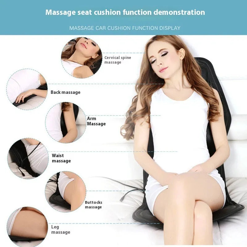 Black heating massage mat seat cushion with infrared physiotherapy function and variable speed control
