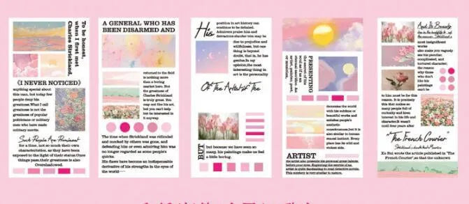 Paper landscape painting sticker book showing rectangular 60x120mm stickers with famous artwork designs