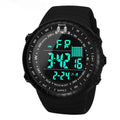 Black waterproof electronic outdoor watch with 54.74mm dial and WR50M water resistance rating
