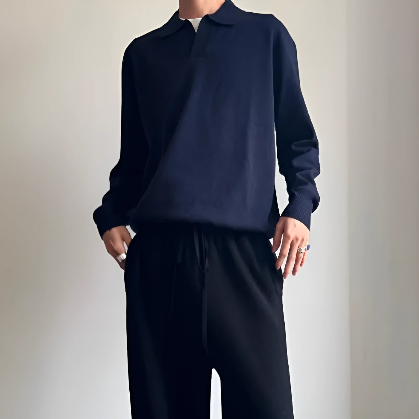 Pure wool lapel collar polo sweater in loose fit pullover style, available in Milky White or Navy Blue