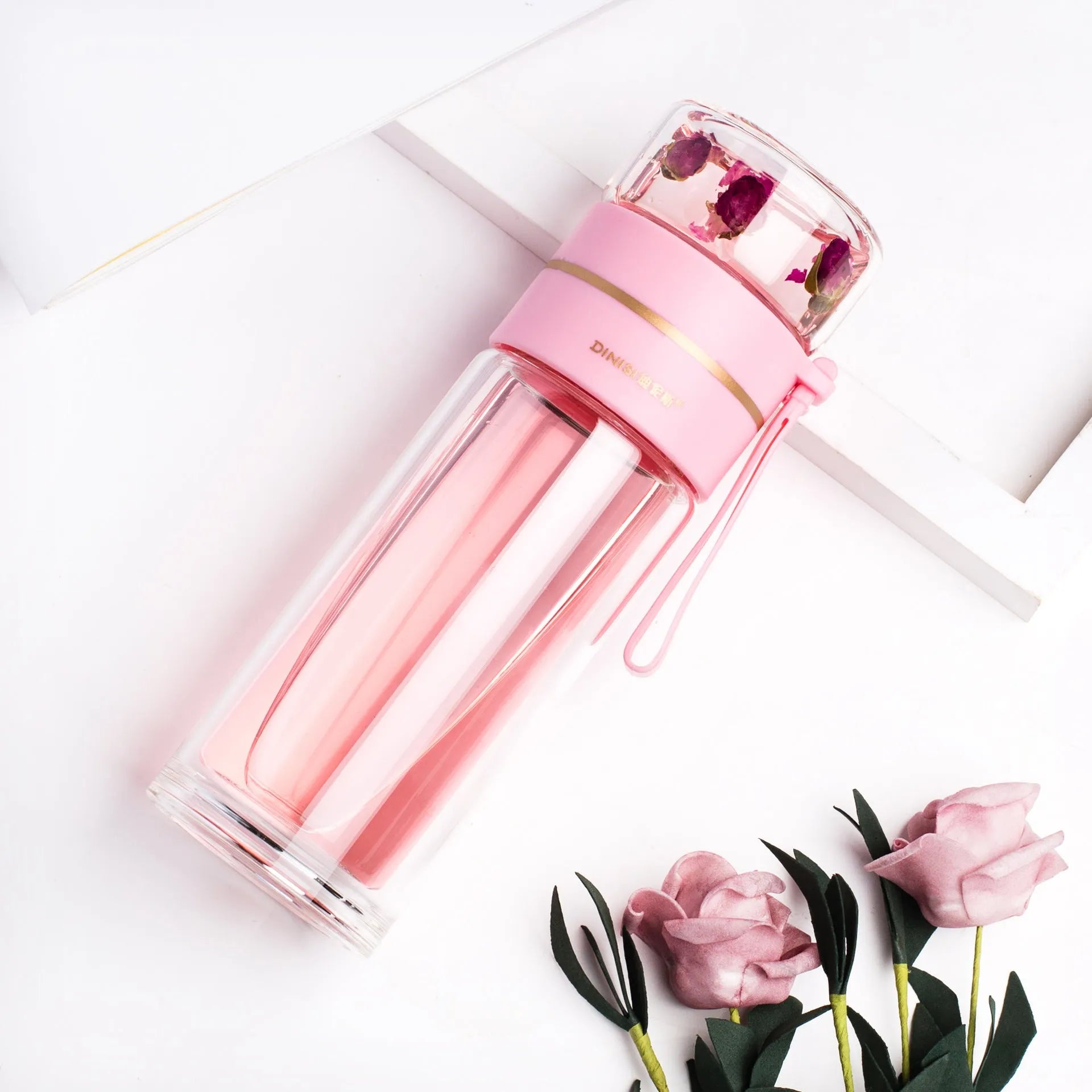 Double wall glass water bottle with tea infuser filter, leakproof, high borosilicate, stainless steel strainer, portable rope, 400ml