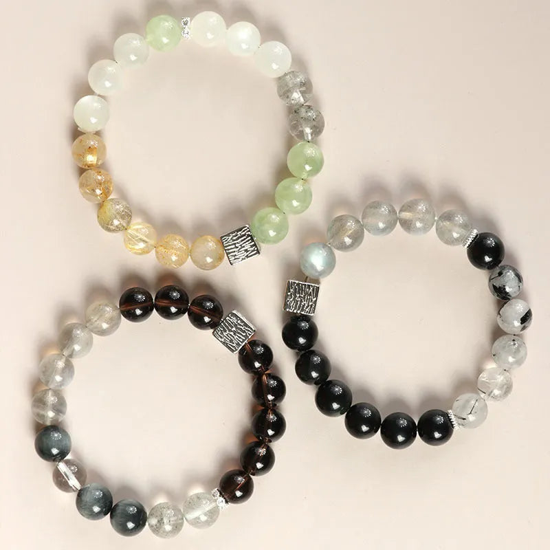 Chinese-style geometric polished crystal couple bracelet with 10mm bead size in khaki colour