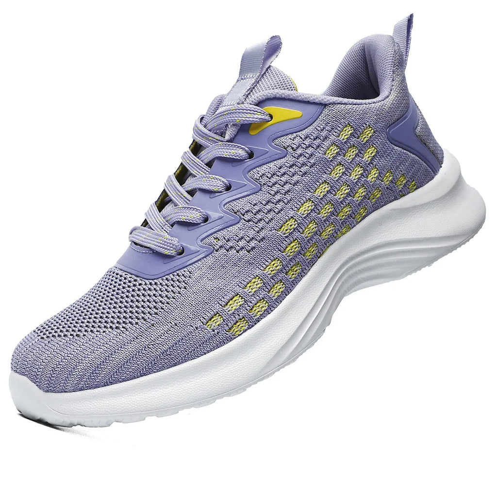 Lavender purple women's Flyknit running shoes with striped pattern, mesh lining, and a flat EVA wedge sole.