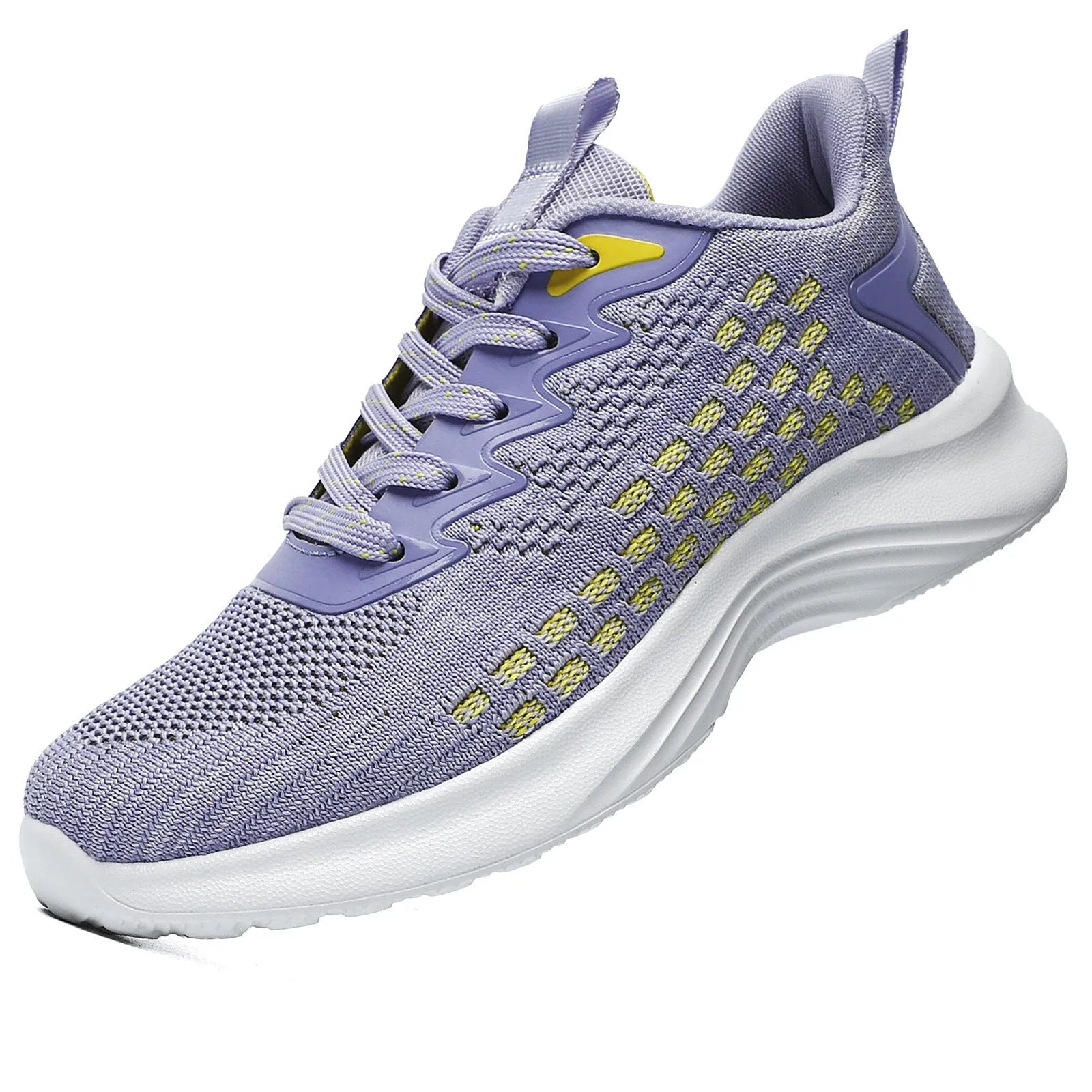 Lavender purple women's Flyknit running shoes with striped pattern, mesh lining, and a flat EVA wedge sole.