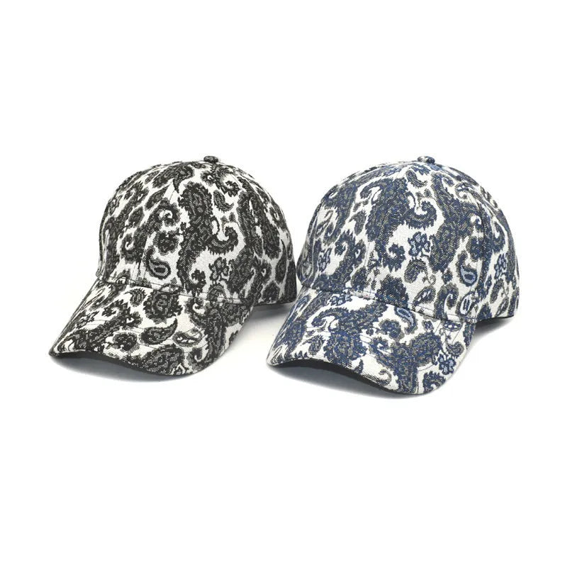 Polyester baseball cap with paisley pattern print in black colour showing dome crown design