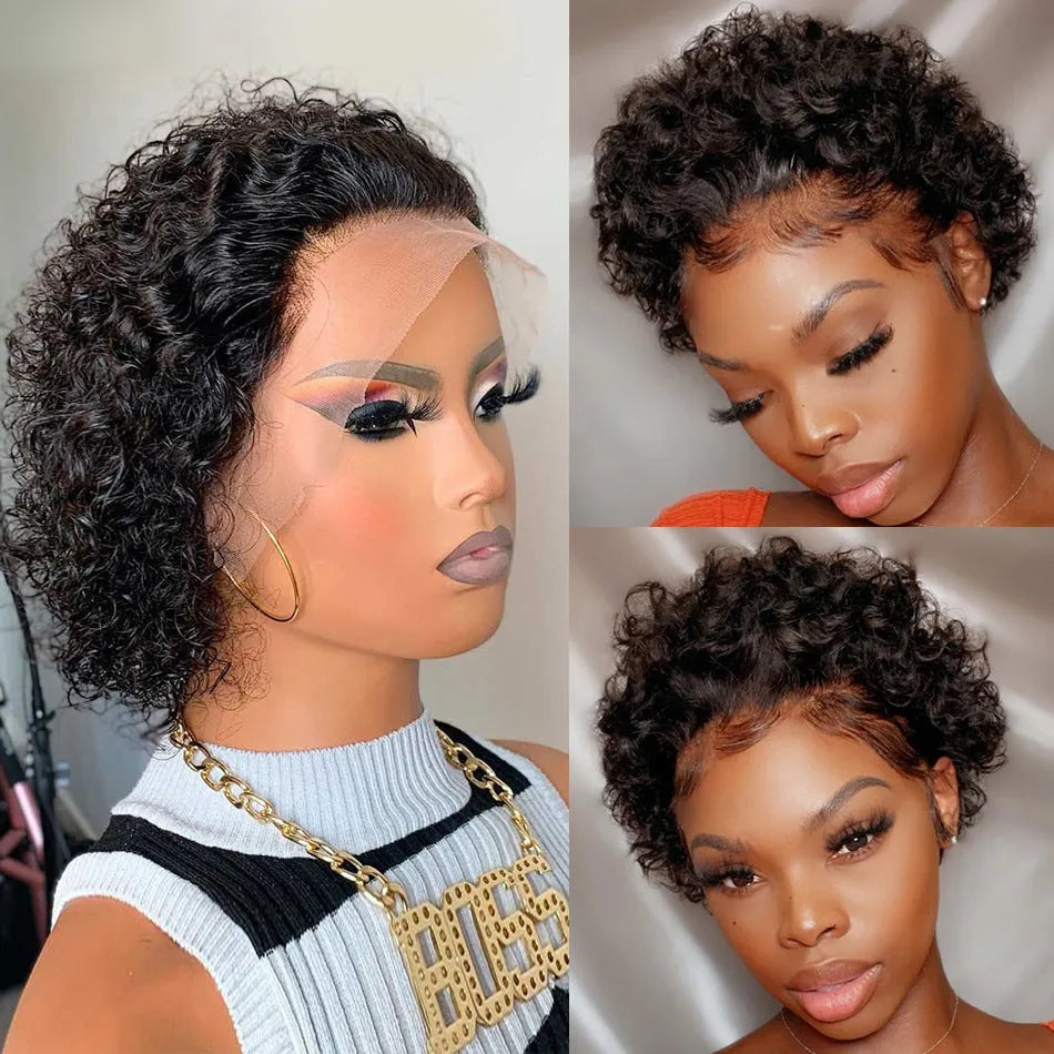 Black human hair pixie wig lace hair cover for daily wear, colour 13x1.