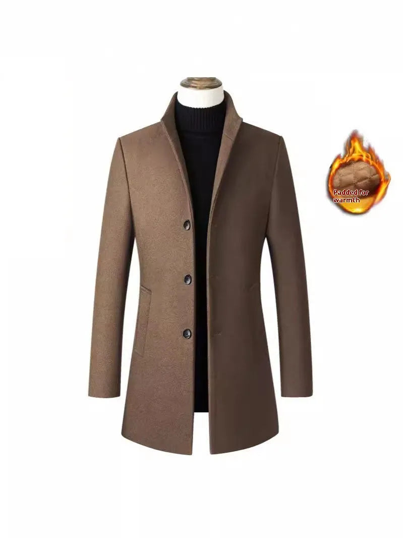 Men's single-breasted stand collar wool winter coat in solid colour front view
