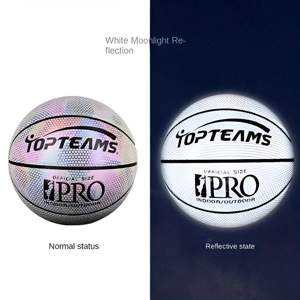 No. 7 size fluorescent basketball with holographic reflective surface on a court.