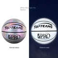 No. 7 size fluorescent basketball with holographic reflective surface on a court.