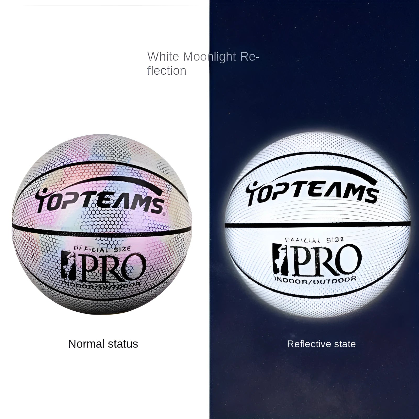 No. 7 size fluorescent basketball with holographic reflective surface on a court.
