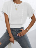 White knitted pullover sweater with twisted string ruffled short sleeves and round neck design