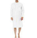 Men's button-front cotton robe in light blue with large patch pockets, shown in size medium.