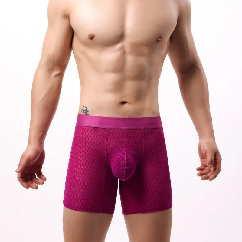 Men's lace mesh boxer shorts in black, white, red, green, or light purple with geometric pattern
