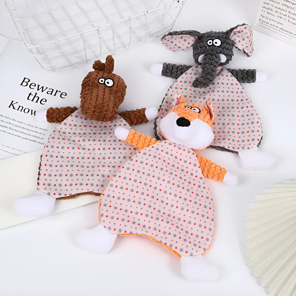 Brown velvet pet toy with fox and elephant designs containing sound paper for dogs and cats