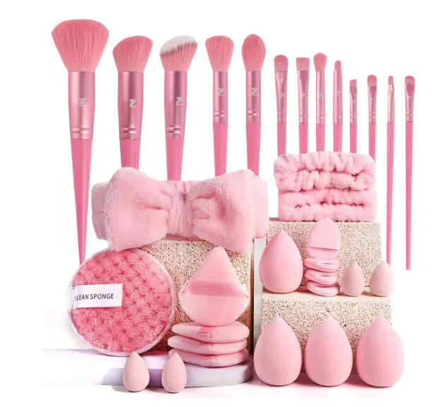 Hydrophilic non-latex beauty brush set with face washing and makeup application tools in brown, pink, or purple colours