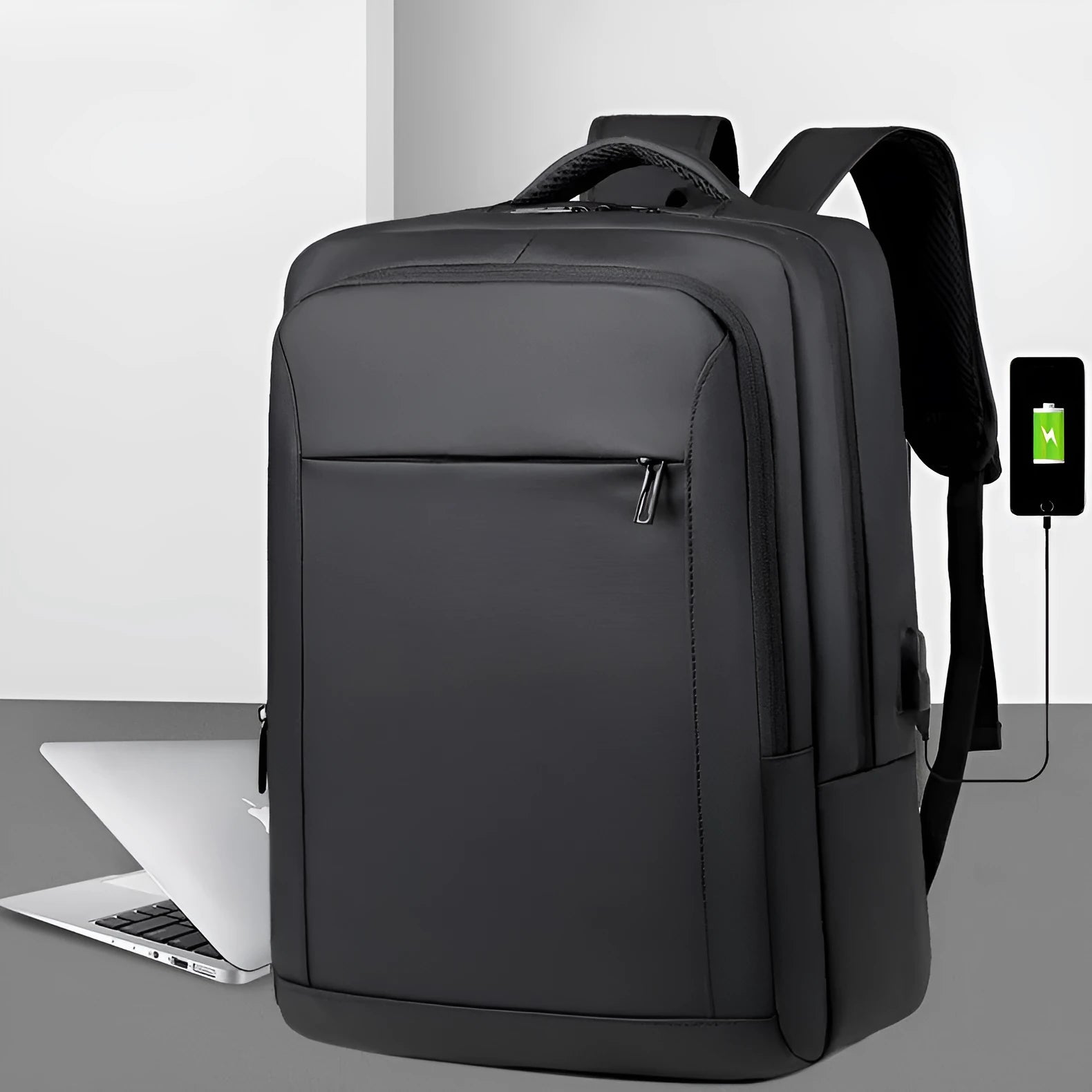 Black waterproof USB laptop backpack with air pillow belt and polyester lining