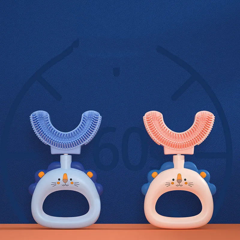 Children's U-shaped silicone toothbrush in blue and pink with little cute lion design for ages 2-14