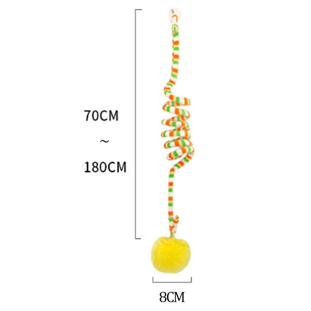 Colourful spring cat toy with hanging bell stick and inflatable ball, shown with a white suction cup.