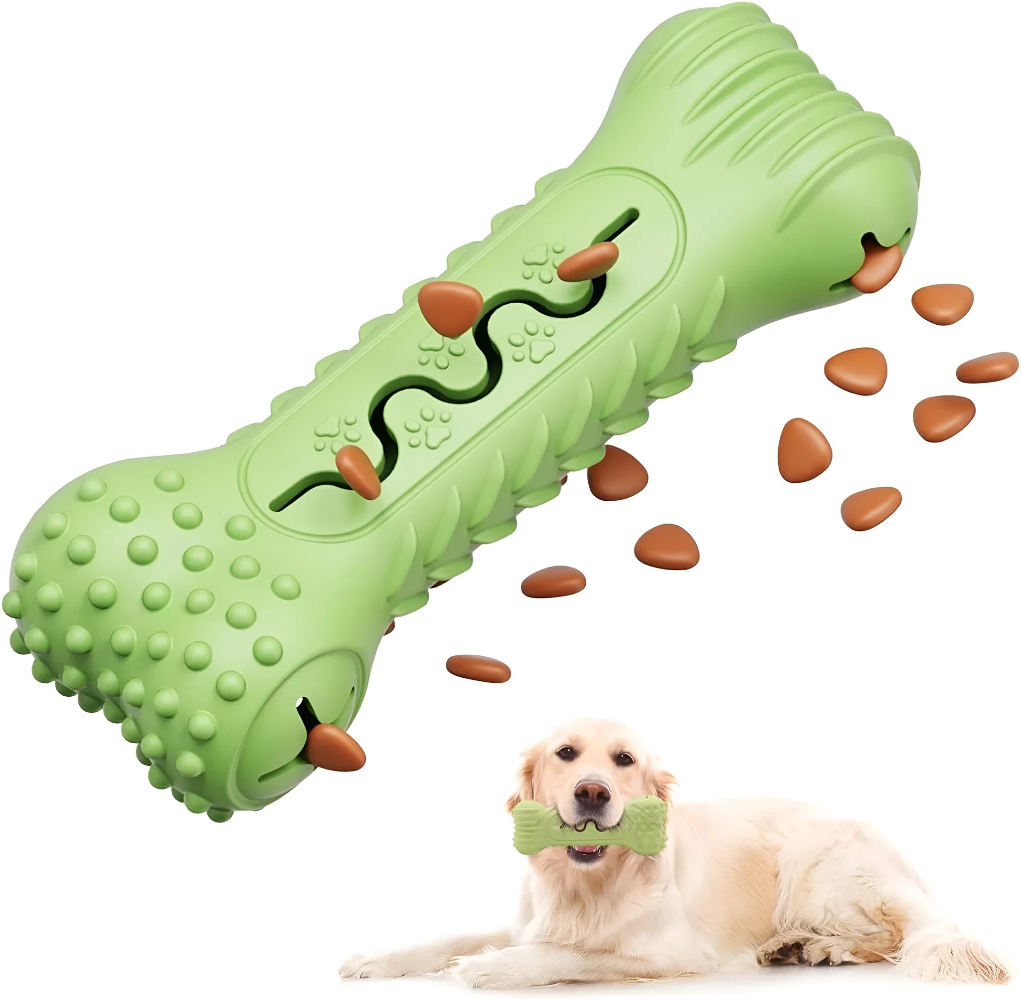 Blue, green, and orange natural rubber bone-shaped dog chew toy for aggressive chewers.