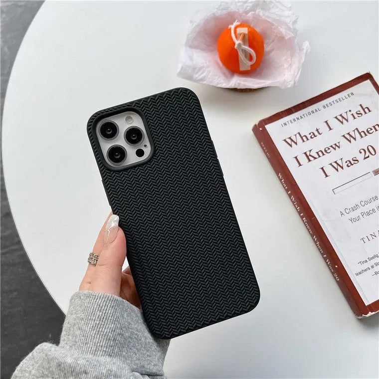 Woven liquid silicone phone case with wave pattern for iPhone, available in multiple colours