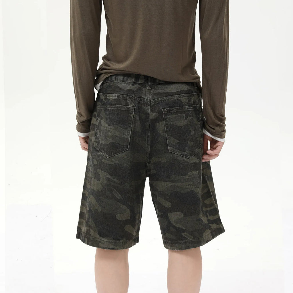 Men's American-style camouflage loose wide leg cotton denim shorts with zipper fly