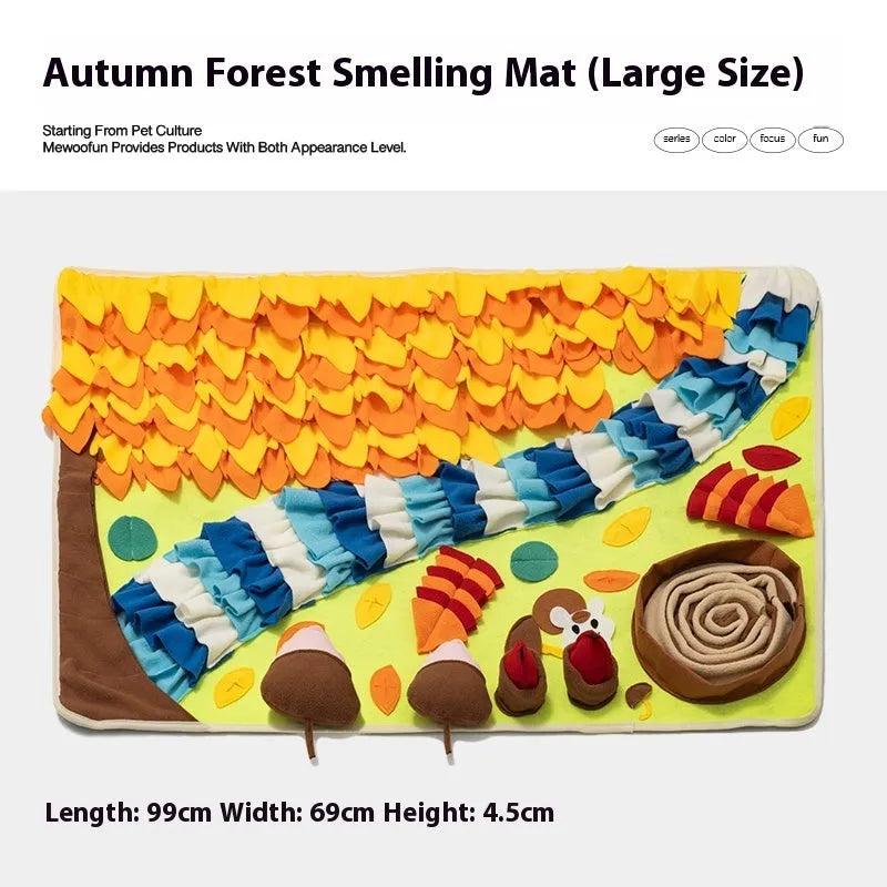 Fabric dog sniffing mat with printed garden camping theme pattern for hiding treats.