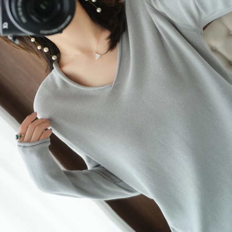Women's V-neck long sleeve knitwear pullover top in turmeric colour with non-ironing process
