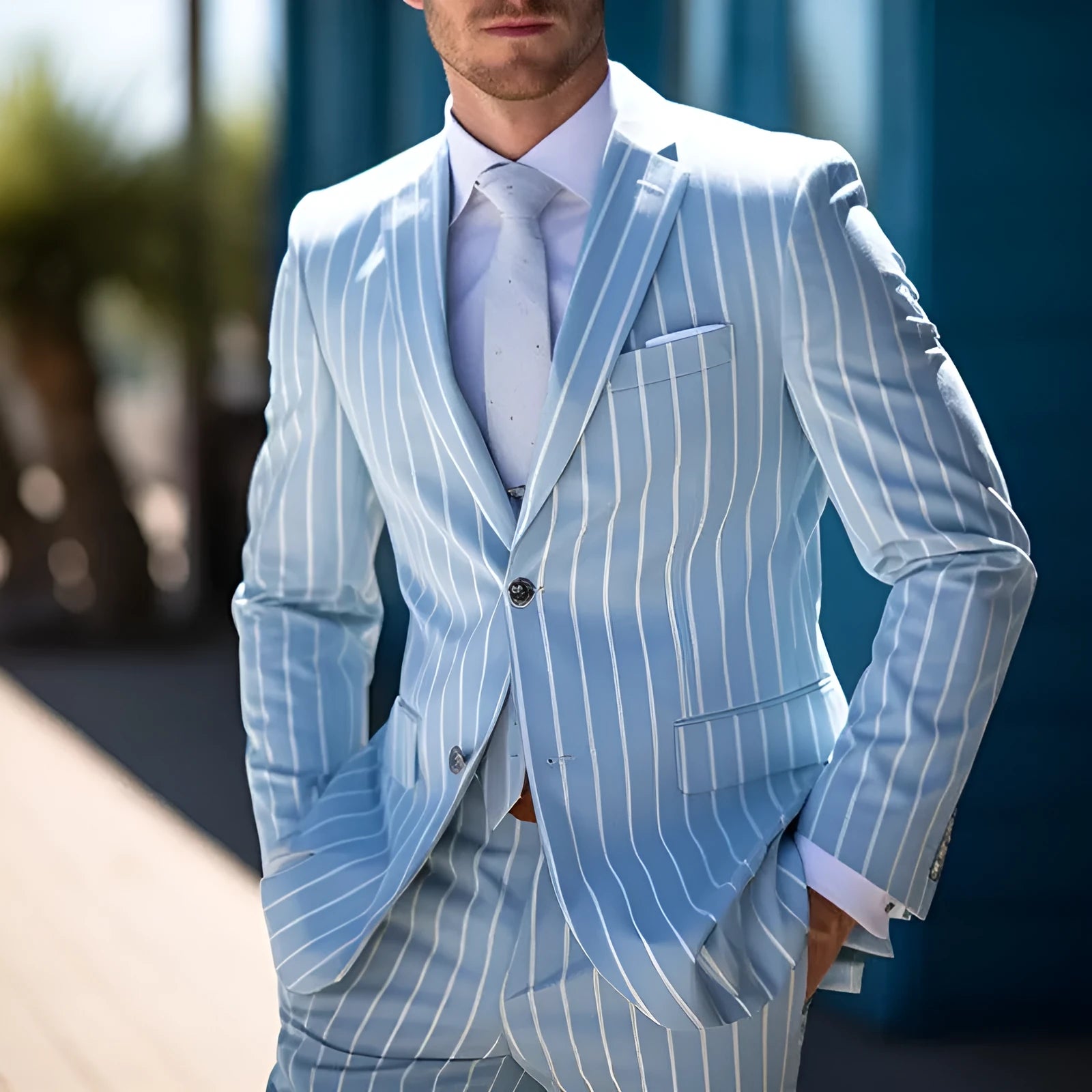 Blue men's British-style suit jacket with white double buttons and straight hem.