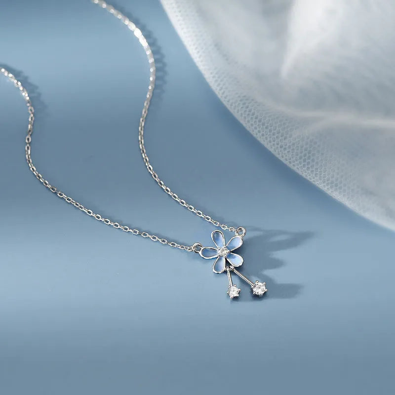 999 sterling silver flower pendant necklace with white nano anti-oxidation finish on adjustable cross chain