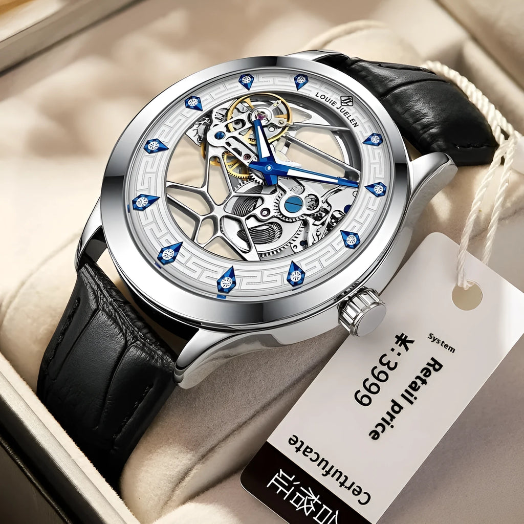 Men's silver mechanical watch with white dial, blue luminous hands and black leather strap