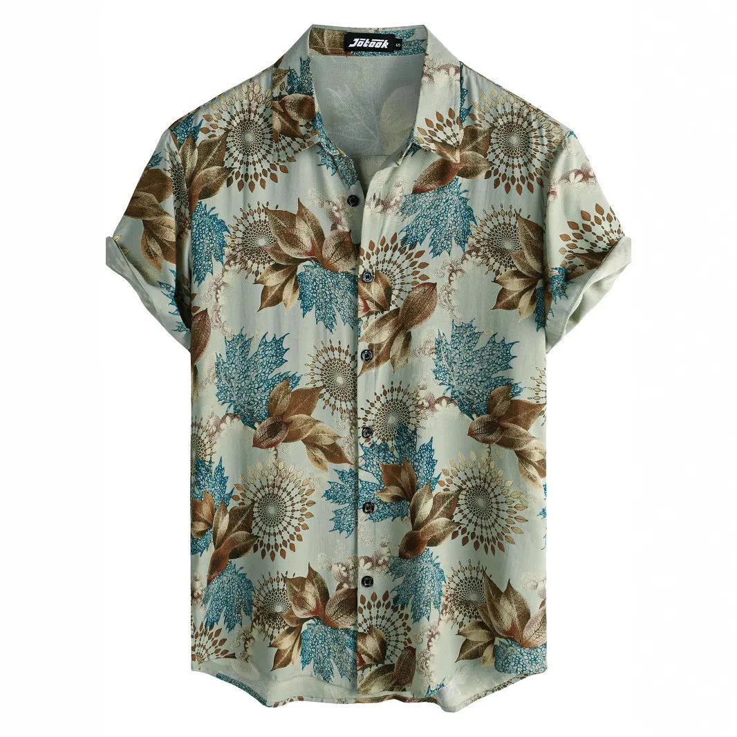 Hawaiian floral print short sleeve cardigan shirt with elastic polyester fabric in multiple colour options
