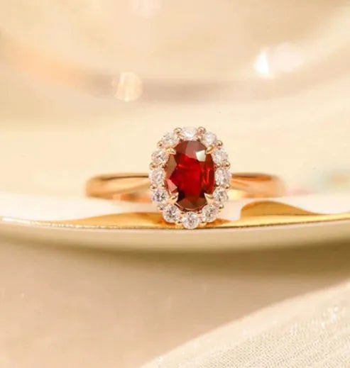 Gold pigeon blood red gemstone sterling silver ring with floral design for women