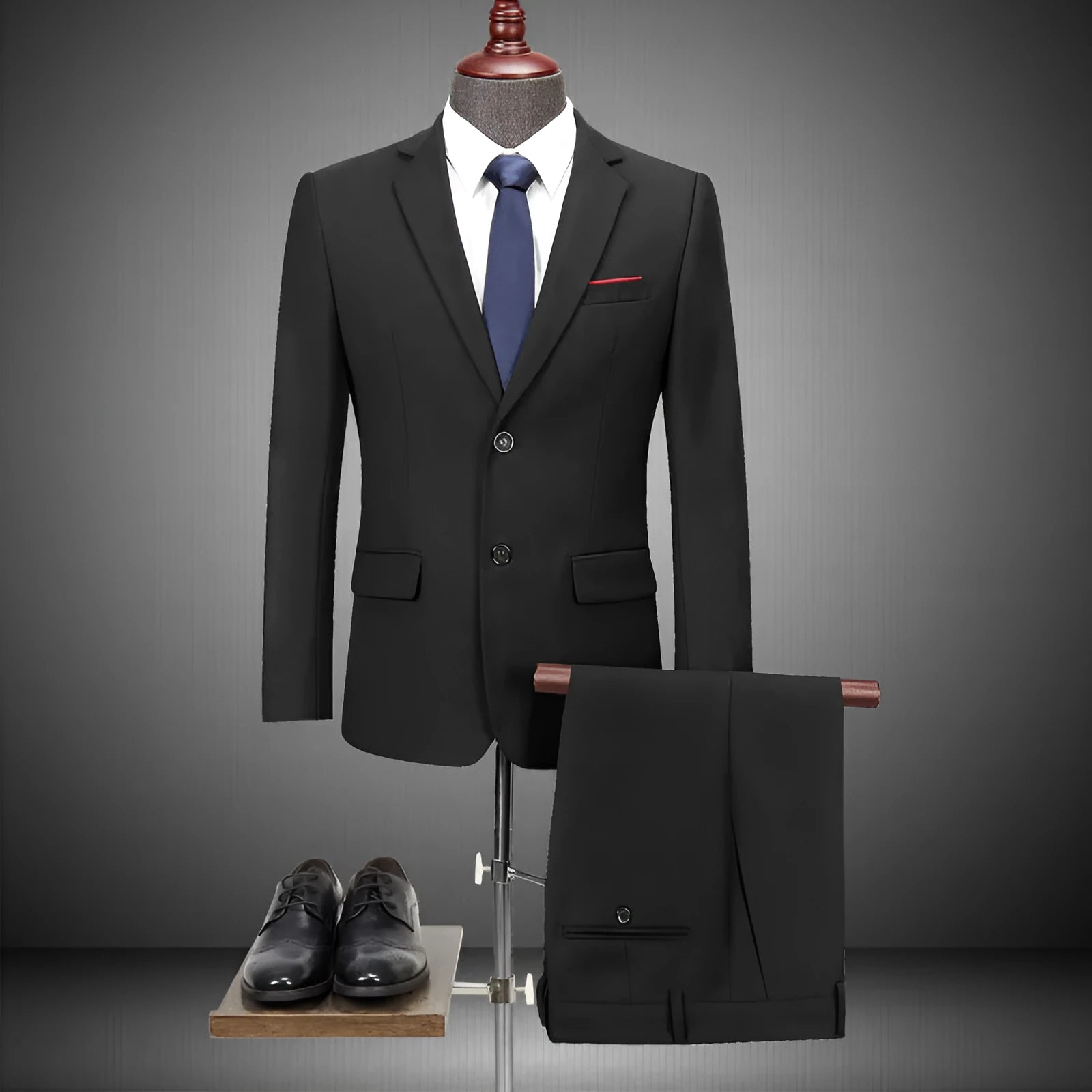 Men's slim fit two-piece business suit in navy blue with jacket and matching trousers on a plain background, plus size option