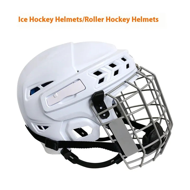 Ice hockey helmet with integrated steel face mask shown in size options S, M, L, XL.