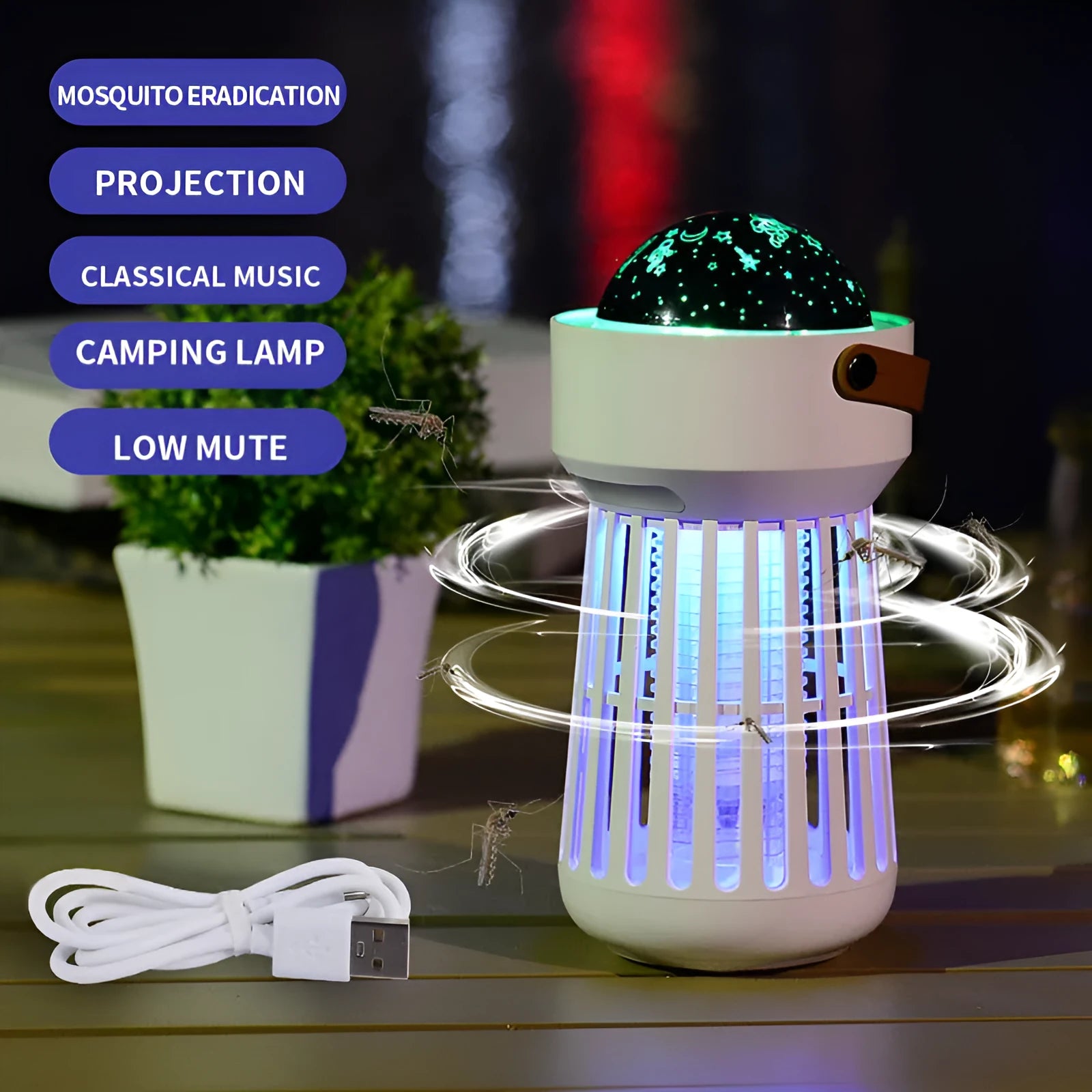 2 in 1 electric mosquito killer lamp with star ceiling projection, white ABS shell, USB charging, for indoor and outdoor use