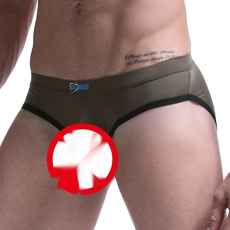 Men's army green ice silk bazooka briefs showing bullet separation and mid waist design