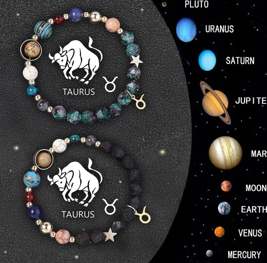 Two natural stone beaded bracelets with zodiac sign charms on a wooden surface.