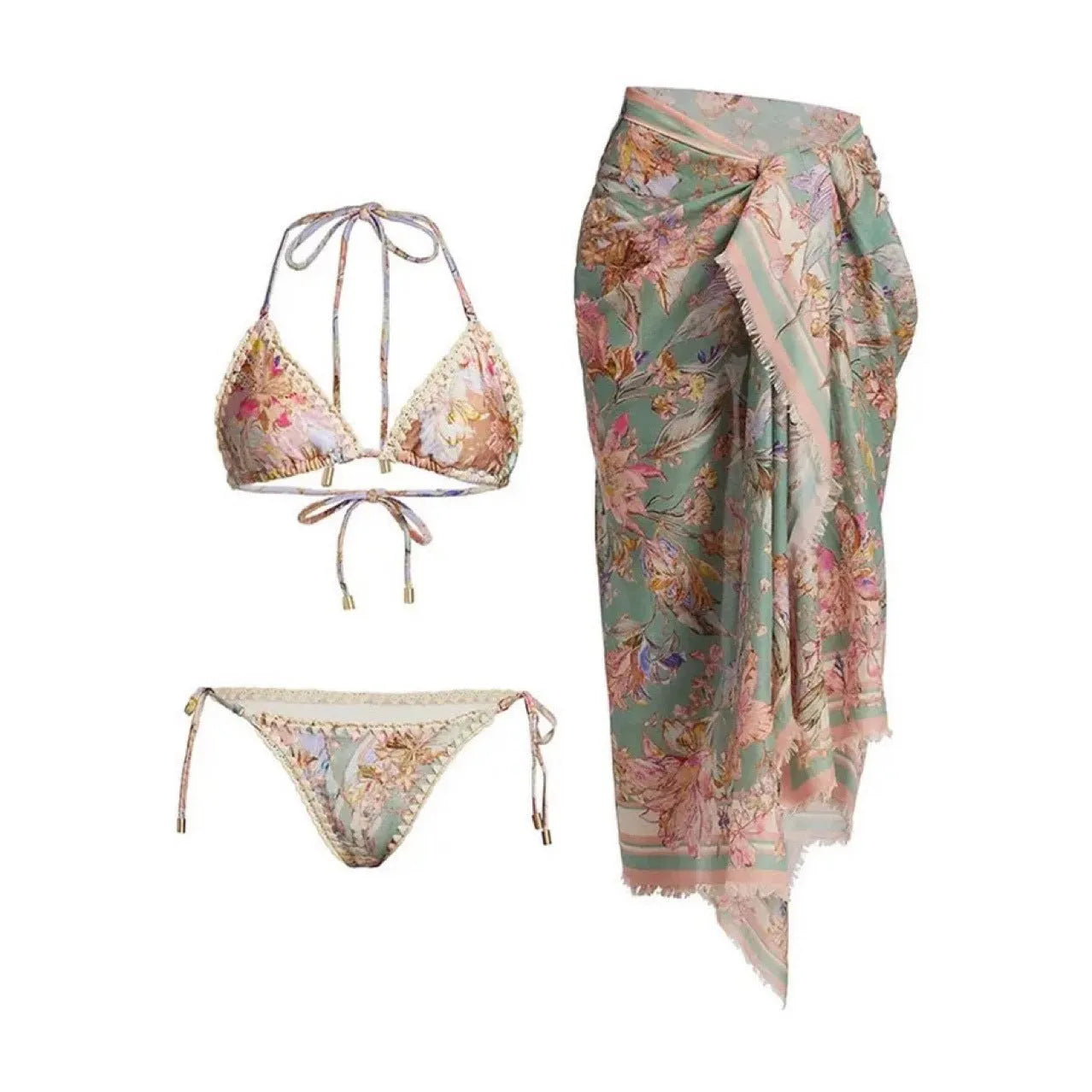 Creamy-white floral women's bikini set with matching skirt on beach