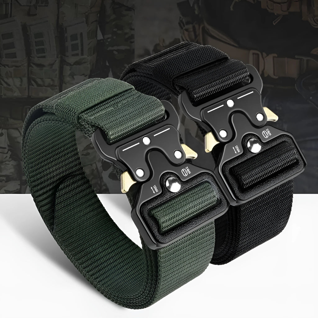 Men's thick canvas tactical belt with an alloy release buckle, shown in Army Green colour.