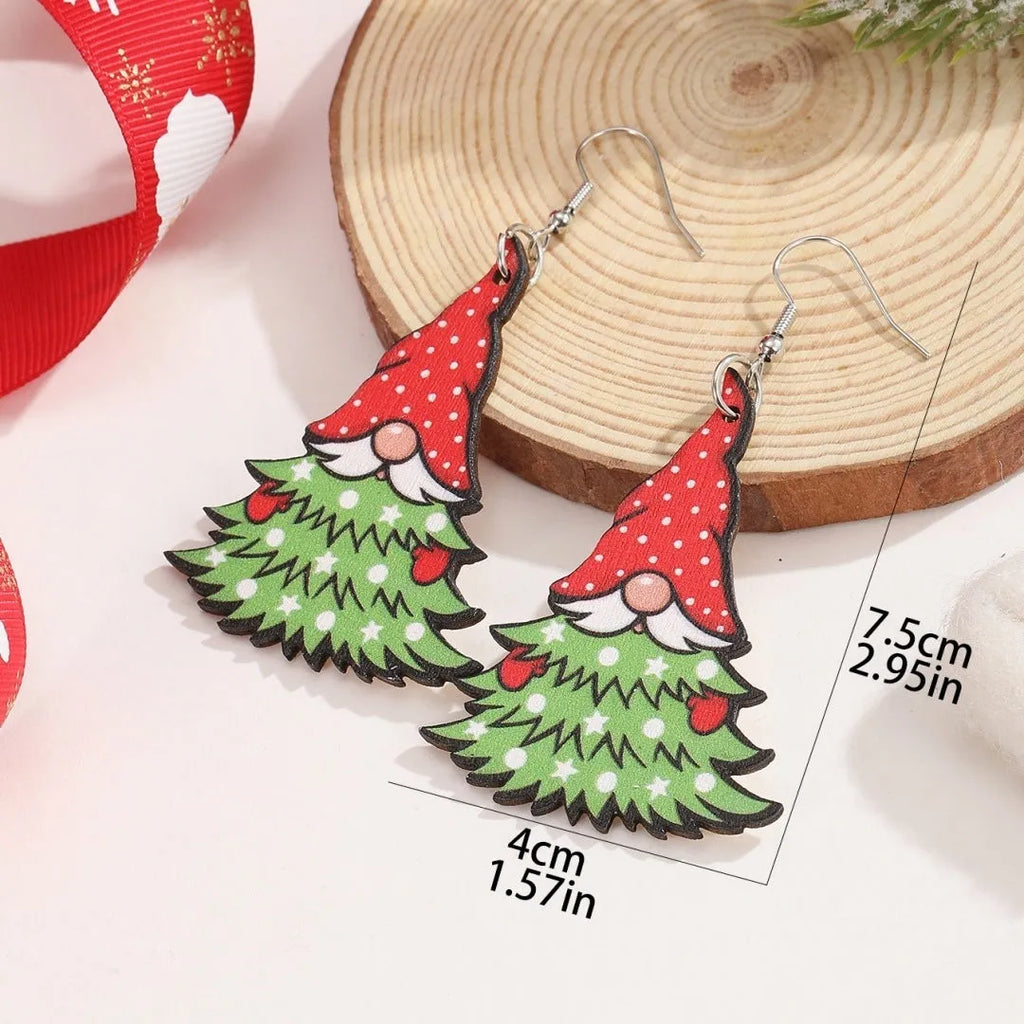 Wooden Christmas earrings with printed tree and snowman designs