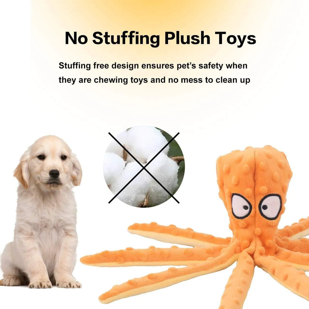 Blue octopus dog squeaky toy with no stuffing measuring 32cm long