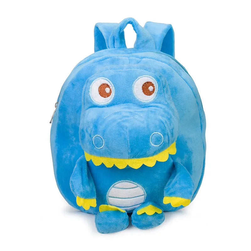 Soft blue plush dinosaur backpack for children with embroidery details and a single handle.