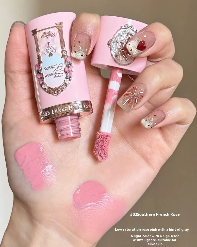 Strawberry Cupid Series Liquid Blush in one of six shades, shown on a hand or with swatches.