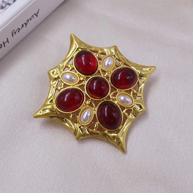 Medieval-style baroque cross brooch with crystal accents on zinc alloy in vintage design