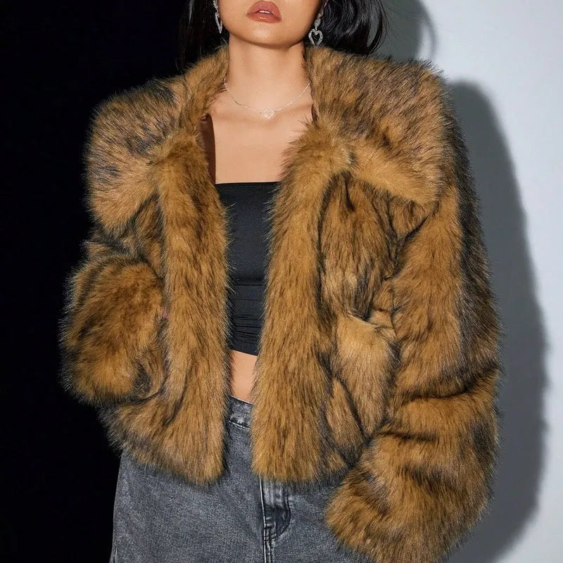 Women's artificial fox fur coat with thick collar in multiple colour options